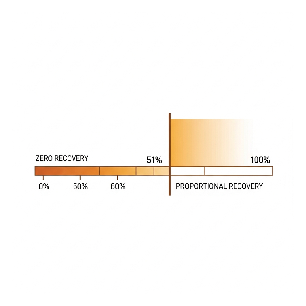 The 51 percent threshold on a fault scale, showing zero recovery at or below fifty percent and proportional recovery above it.