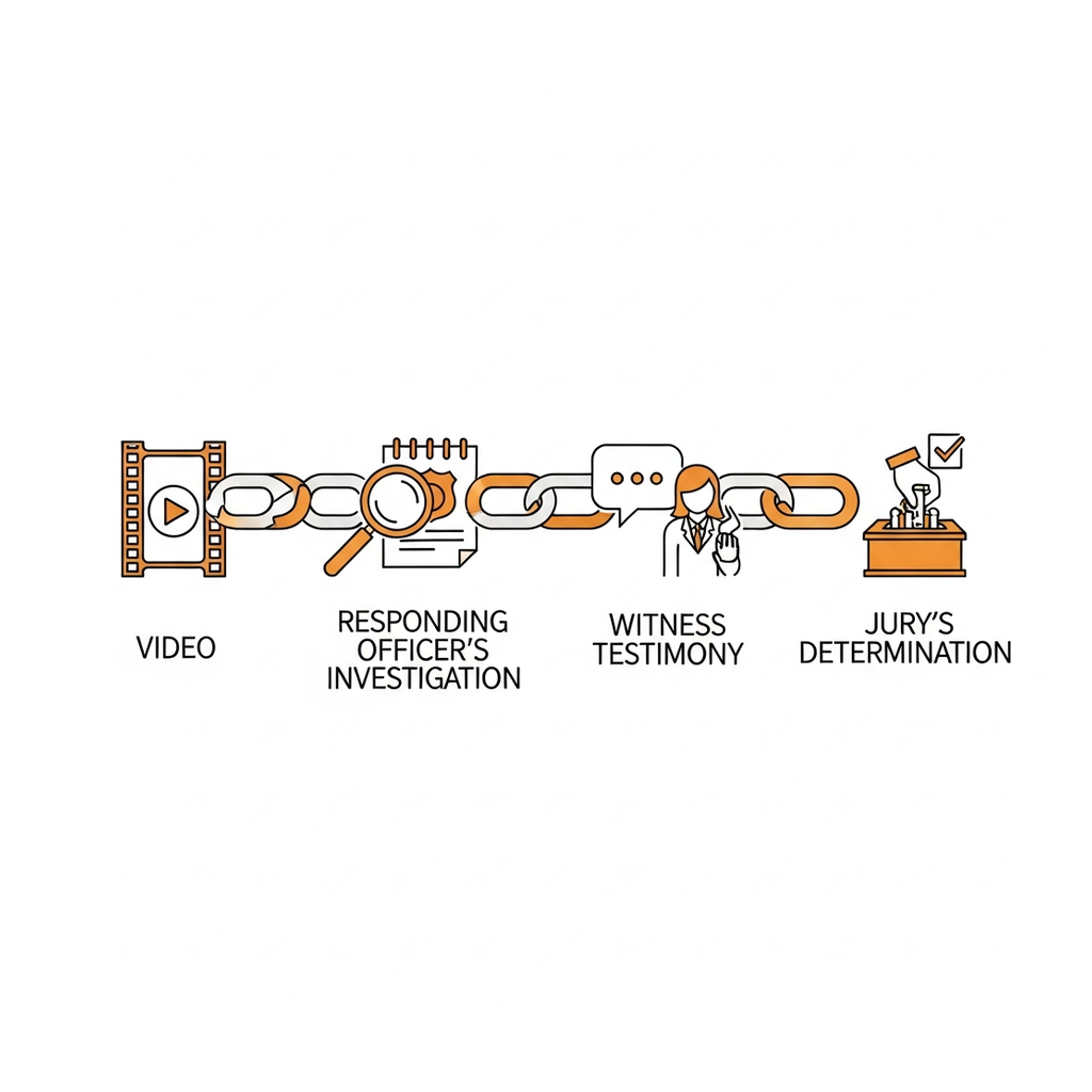 The chain that carries fault from the scene to the verdict: video, then the responding officer's investigation, then witness testimony, then the jury's determination.