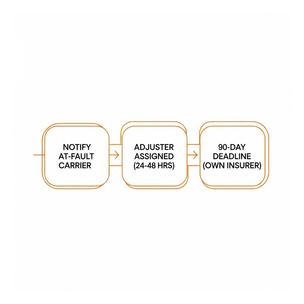 The claim-filing timeline: notify the at-fault carrier, an adjuster assigned within 24 to 48 hours, and the 90-day deadline to notify your own insurer.