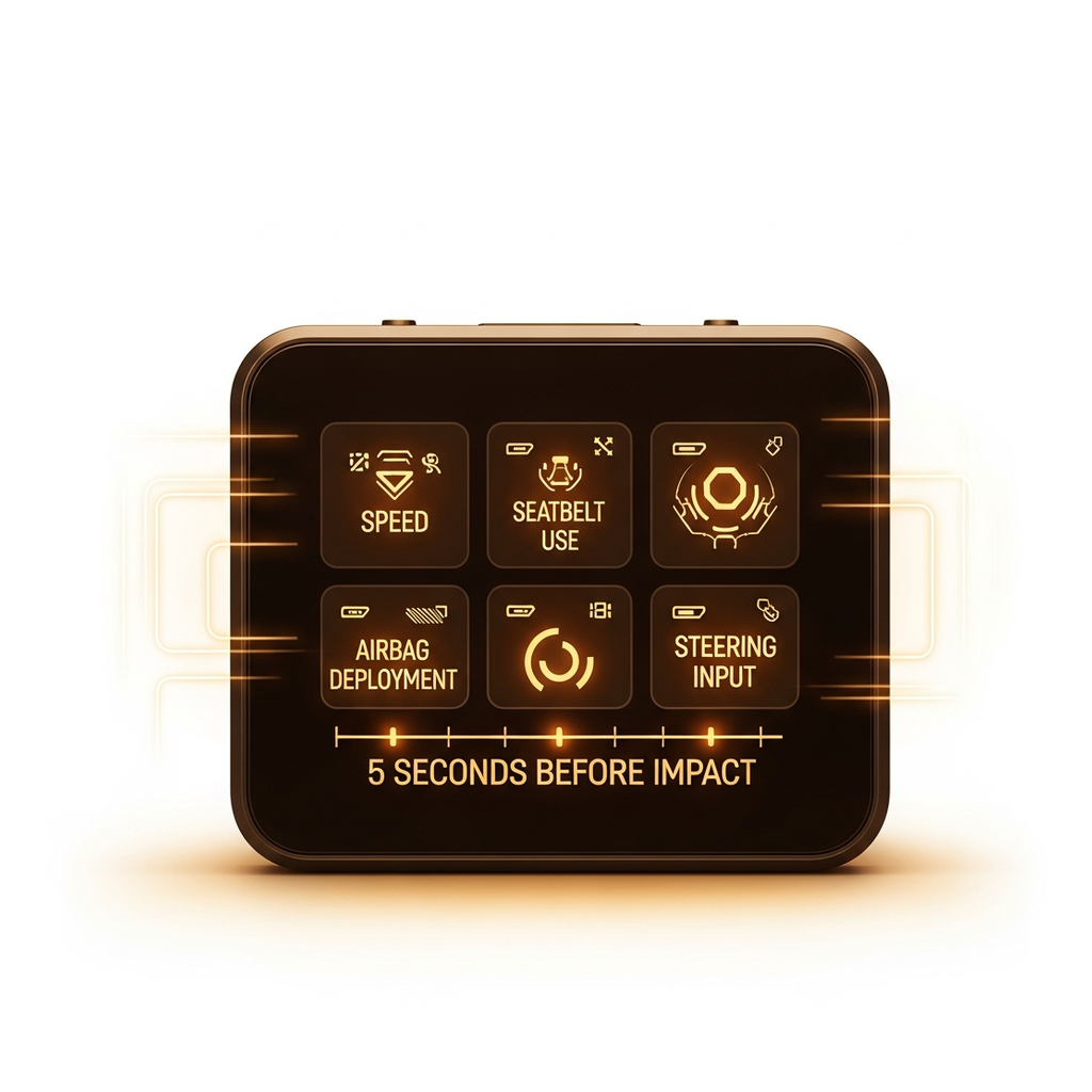 A vehicle event data recorder capturing speed, seatbelt use, airbag deployment and steering input across the five seconds before impact.
