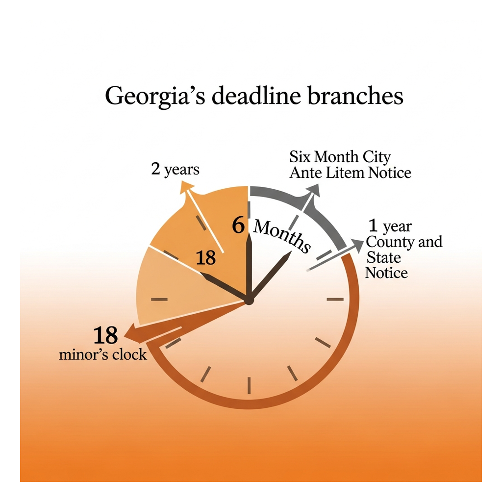 Georgia's deadline branches: the two-year base rule, the six-month city ante litem notice, the one-year county and state notice, and the minor's clock starting at eighteen.