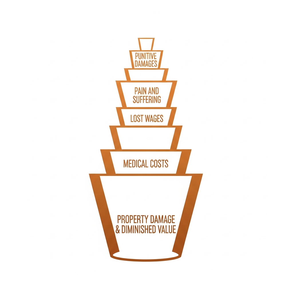 The damages categories stacked as buckets: property damage with diminished value, medical costs, lost wages, pain and suffering, and the rare punitive category.